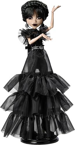 Monster High Wednesday Doll, Rave’N Wednesday Collectible in Black Gothic Gown inspired by Dance Scene, Premium Accessories and Doll Stand, HXJ03 Wednesday Doll, Gothic Gowns, Raven Dress, Monster High School, Pink And Black Hair, Viral Dance, Goth Glam, Tv Horror, Organza Dress