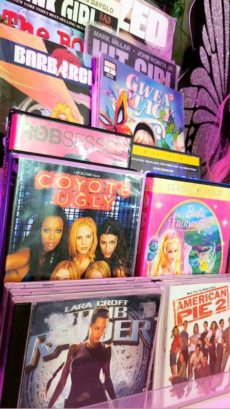 Comic books, DVDs and cds from the early 2000s 2000s Party Aesthetic, Y2k Tv, Barbie Dvd, Vintage 2000s Aesthetic, 2000s Stuff, Led Girls, 2000s Party, Mark Millar, Y2k Room