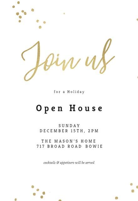 Minimal confetti - Open House Invitation Template (Free) | Greetings Island Home Opening Invitation Card, House Opening Invitation Card, Open House Flyer Design, New Years Day Open House Invitations, Open House Party Invitations, Open House Invitation, Birthday Dinners, Open House, Flyer Design