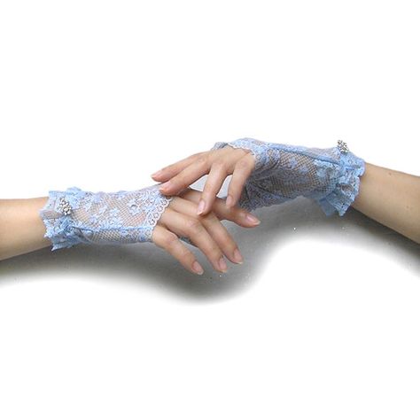 Women Light Blue Lace Fingerless Gloves with Rhinestone Jewelry Blue Lace Gloves, Aesthetic Gloves, Winx Outfits, Princess Gloves, Oc Au, Gloves Aesthetic, Fancy Gloves, Debut Gowns, Sheer Gloves