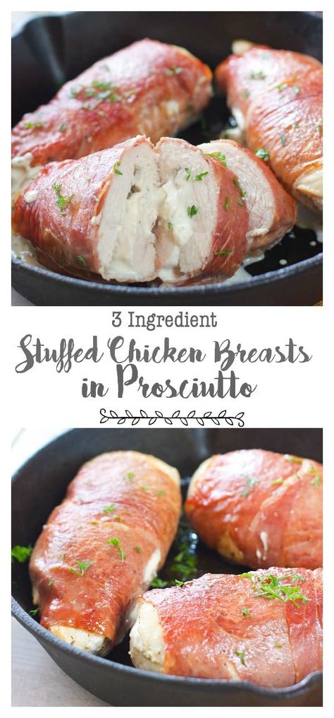 Prosciutto Wrapped Chicken Breasts Prosciutto Wrapped Chicken Breast, Prosciutto Wrapped Chicken, Chicken Lickin, Prosciutto Recipes, Three Ingredient Recipes, Cheese Stuffed Chicken Breast, Stuffed Chicken Breasts, Chicken Receipes, Prosciutto Wrapped