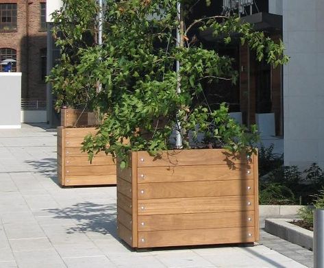 Grenadier FSC timber tree planter | Street Design | ESI External Works Timber Planter Boxes, Timber Planters, Modern Planters Outdoor, Roof Gardens, Tree Planters, Side Yards, Planting Pot, Tree Furniture, Steel Planters