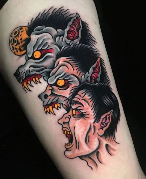 American Traditional Horror, Bullseye Tattoo, Tattoos Greek, Werewolf Tattoo, Harry Tattoos, Monster Horror, Lantern Tattoo, Monster Tattoo, Occult Tattoo