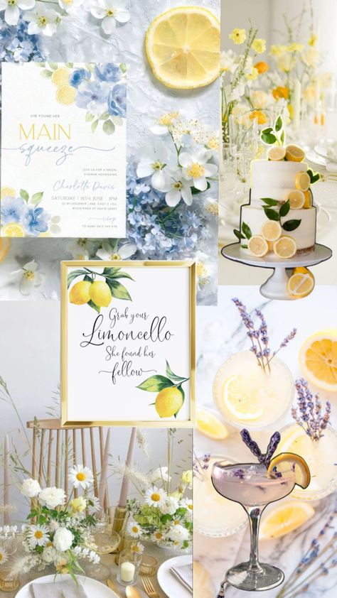 Lemon And Blue Themed Party, Capri Inspired Wedding, Amalfi Bridal Shower Ideas, Bridal Shower Themes Lemon, Lake Como Bridal Shower Theme, Lemoncello Bridal Shower Ideas, Almalfi Coast Bridal Shower, Amalfi Bridal Shower Theme, Blue And Yellow Bridal Shower Ideas