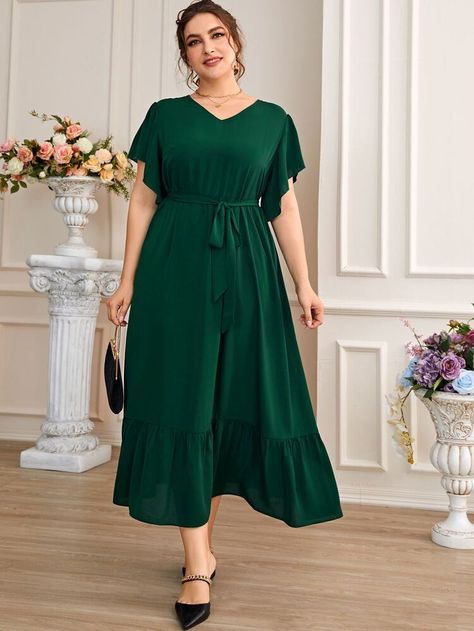 Free Returns ✓ Free Shipping On Orders $49+ ✓. Plus Flutter Sleeve Ruffle Hem Belted Dress- Plus Size Dresses at SHEIN. Plus Size Elegant Dresses, Elegant Dresses Classy, Designer Kurtis, Kurta Designs Women, Summer Plus Size, Baby Frocks Designs, Butterfly Sleeve, Summer Color, Frock Design