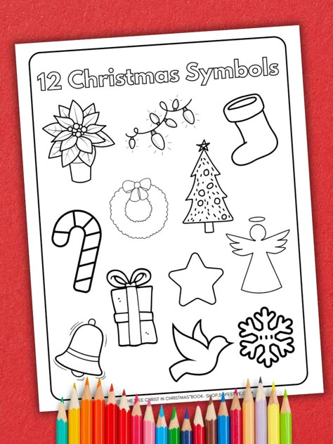 12 Christmas Symbols & What They Mean - Beautiful Book Symbols Of Christmas Printable, Christmas Symbols And Meanings For Kids, The Symbols Of Christmas, Symbols Of Christmas Lds, Christmas Activity Days Ideas Lds, Christmas Symbols And Meanings, Symbols Of Christmas, Christ In Christmas, Kids Christmas Coloring Pages