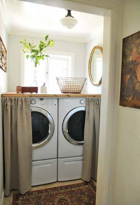 Curtain to hide laundry machines. Hidden Laundry Rooms, Laundry Room Decorating, Hidden Laundry, Small Laundry Room Organization, Laundry Closet, Small Laundry Rooms, Small Laundry Room, Small Laundry, Laundry Room Storage