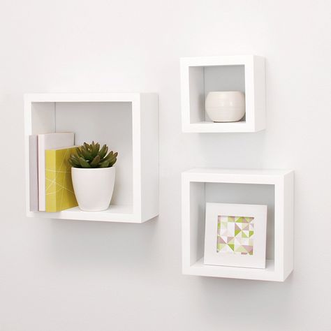 Amazon.com:____$30___ Nexxt Cubbi Contemporary Floating Wall Shelves 5 by 5 inch, 7 by 7 inch 9 by 9 inch White Set of 3: Home & Kitchen Square Shelves, Square Floating Shelves, Shelves Decor, Wall Cubes, Long Floating Shelves, Floating Shelves Bedroom, Floating Shelves Living Room, Square Shelf, Floating Shelves Kitchen