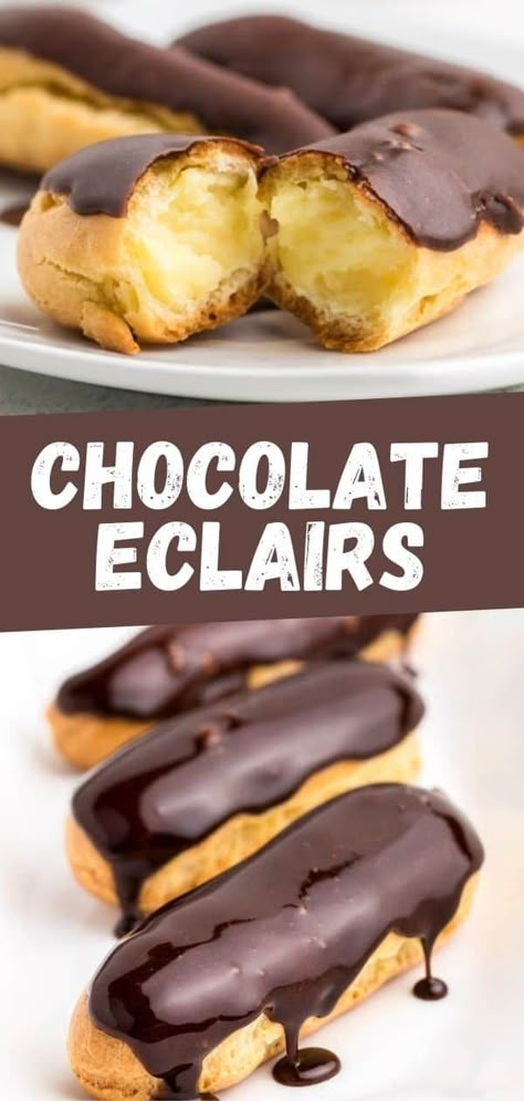 This simple homemade Chocolate Eclair recipe features a choux pastry, vanilla cream filling and decadent chocolate glaze. Eclair Cake No Bake, Easy Eclair Recipe, Caramel Eclairs, Eclair Puffs, Homemade Eclairs, Desserts Raspberry, Raspberry Eclairs, Easy Eclairs, Chocolate Eclair Recipe