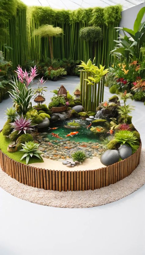 🌿 21 Stunning Small Pond Ideas to Transform Your Garden Paradise 🌸 Small Pond Ideas, Indoor Pond, Miniature Zen Garden, Mini Pond, Indoor Water Garden, Garden Paradise, Small Pond, Pond Ideas, Bamboo Decor