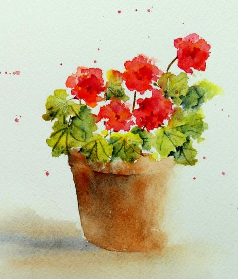 Red Geraniums, Daily Painters, 강아지 그림, Watercolor Flower Art, Watercolor Painting Techniques, Cat Air, 수채화 그림, Paintings Art, Diy Watercolor