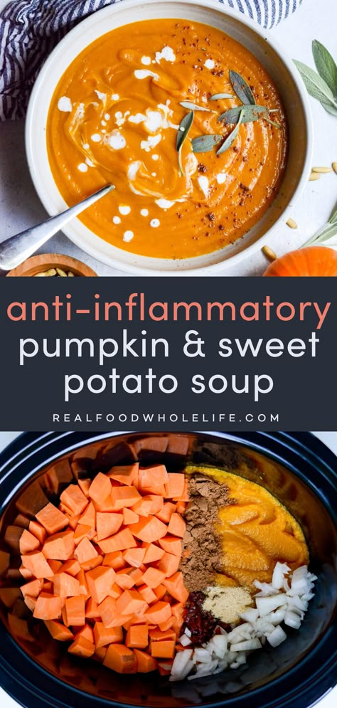 Enjoy the warming, anti-inflammatory benefits of pumpkin and sweet potato in this creamy, flavorful soup. Simple to make and full of wholesome ingredients, it’s an ideal recipe for anyone looking to eat healthy this fall. Perfect for cozy dinners or meal prep. For more easy slow cooker soups visit realfoodwholelife.com. Anti Inflammation Potatoes, Simple Anti Inflammation Meals, Aip Pumpkin Soup, Easy Anti Inflammation Soup Recipes, Quick Whole Food Recipes, Antioxidant Soup Recipes, Butternut Squash And Parsnip Soup, Soups Good For Pancreas, Gut Soup Recipes