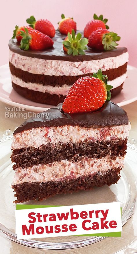 Chocolate Cake with Strawberry Mousse Filling recipe! Learn how to make a fluffy and rich chocolate cake layered with an airy strawberry mousse filling that melts in your mouth! #cake #recipe #mousse #dessert #chocolate #strawberry #homemade #baking Strawberry Chocolate Moose Cake, Strawberry Mousse Filling For Cake, Chocolate Strawberry Layer Cake, Strawberry Mousse Cake Recipe, Strawberry Mouse Cake Filling, Chocolate Cake Strawberry Filling, Strawberry Chocolate Mousse Cake, Easy Chocolate Strawberry Cake, Strawberry Cake Chocolate Frosting