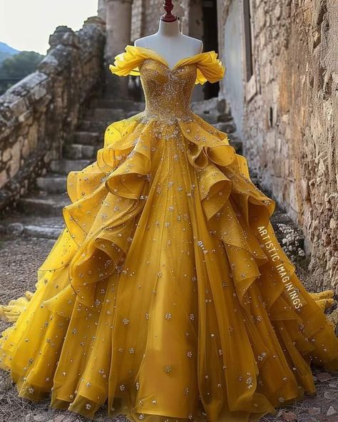 Beauty And The Beast 15 Dress, Big Yellow Dress, Beauty And The Beast Sweet 16, Yellow Quince Dress, Quinceanera Dresses Yellow, Yellow Quinceanera Dresses, Yellow Quinceanera Dress, Yellow Princess Dress, Belle Ball Gown