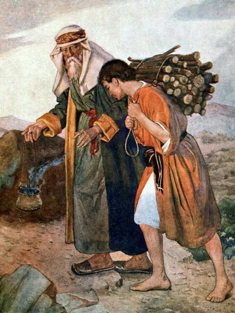 Abraham & Isaac prepare to sacrifice on Mt. Moriah Sarah And Abraham, Abraham In The Bible, Sacrifice Of Isaac, Abraham And Isaac, Abraham Isaac, Story Of Abraham, Bible Cards, Nursery Book, Christian Stories