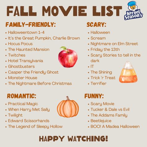 Fall season is *finally* here 🍂 To celebrate, we've rounded up the must-watch Fall movies that are perfect for cozy evenings in 🍿⁠ ⁠ 🎬️ Swipe for our must-watch Fall Movie List— happy watching!⁠ ⁠ .⁠ .⁠ .⁠ #kernelseasons #movienight #fall #october #fallvibes #autumn #fallmovielist #popcorn #moviesnacks #movies #hellofall #bucketlist #thingstodo November Movies List, Fall Must Watch Movies, Cozy Fall Movies And Shows, November Movie List, Ultimate Fall Movie List, Tucker And Dale Vs Evil, Madea Halloween, Monster House, Scary Stories To Tell