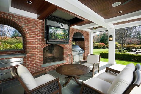 Outdoor Entertainment Area With Drop Down TV Transitional Patio, Under Deck, Traditional Porch, Covered Porches, Dream Patio, Outdoor Entertainment, Outdoor Tv, Entertainment Design, Backyard Inspo