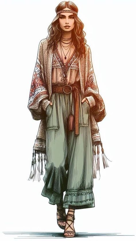 Idea Illustration, Boho Rocker, Bohemian Outfit, Stile Boho Chic, Look Boho Chic, Boho Beautiful, Bohemian Style Clothing, Fashion Sketch, Fashion Illustration Sketches