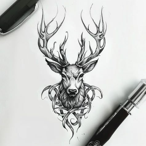 Deer Tattoo Artwork Set Deer And Eagle Tattoo, Griffin Back Tattoo, Deer Backpack Mount, Hunting Tattoo Ideas For Men, Deer Skull Tattoo Design, Elk Tattoo Men, Stag Tattoo Feminine, Country Tattoos For Guys, Cute Western Tattoos