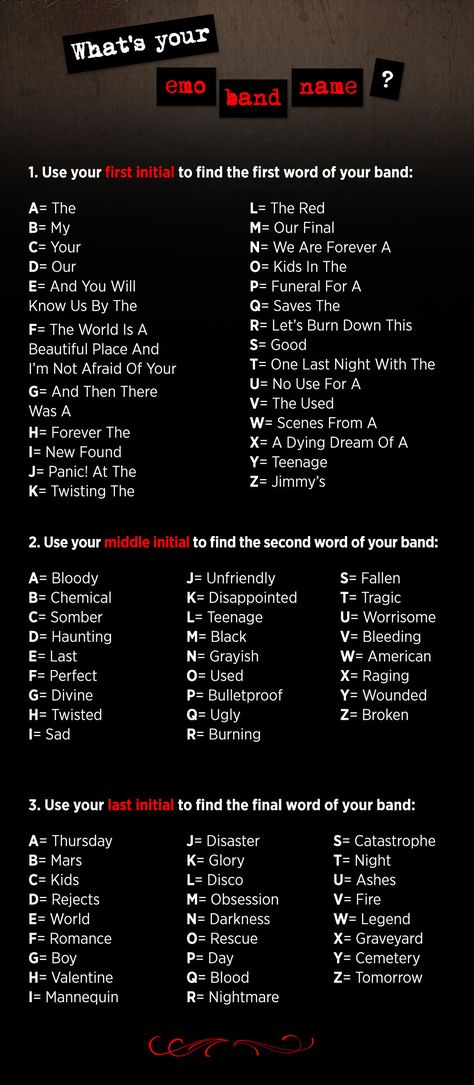 Finally answer that question that's been tormenting you deep inside for so long: what would you name your 2000s emo band? Emo Band Name Generator, Killjoy Name Generator, Cool Band Names, Spirit Names, What Is Emo, Band Names Ideas, Band Name Generator, Writing Generator, Black Obsession