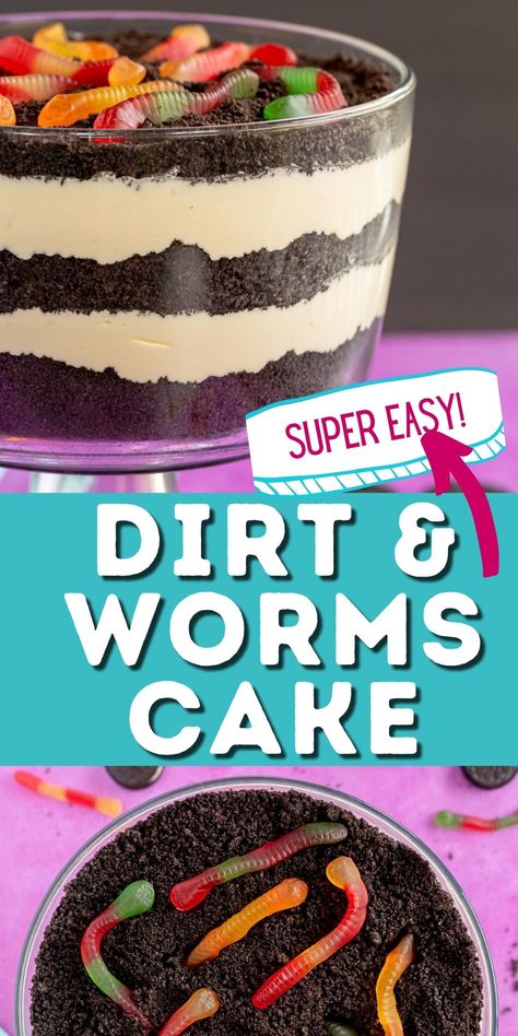 Oreo Worm Dirt Cake, Dirt And Worms Cake, Dirt With Worms Dessert, Dirt Cup Trifle, Worm Pudding Dessert, Football Dirt Cake, Dirt N Worms Recipe, Works In Dirt Dessert, Dirt Cake With Gummy Worms Flower Pots