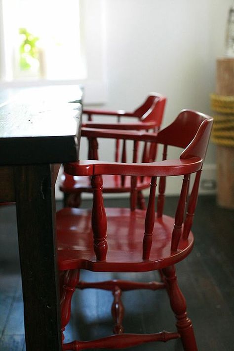 I like the gloss on these. Not red though Captains Chairs - Foter Pressed Back Chairs, Kitchen Chair Makeover, Desk Nook, Red Chairs, Chair Inspiration, Chair Redo, Black Chairs, Red Furniture, Chairs Kitchen