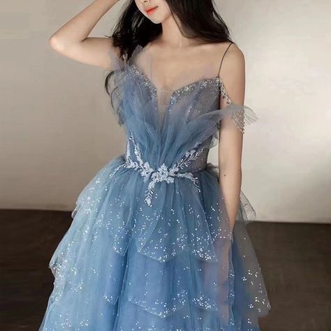 Saunderoll - Spaghetti Strap Mesh A-Line Evening Gown | YesStyle Princess Evening Dress, Quinceanera Dresses Blue, Princess Inspired, Blue Evening Dresses, Princess Cake, Evening Dress Fashion, Colored Wedding Dresses, Slim Dresses, Wedding Dress Styles