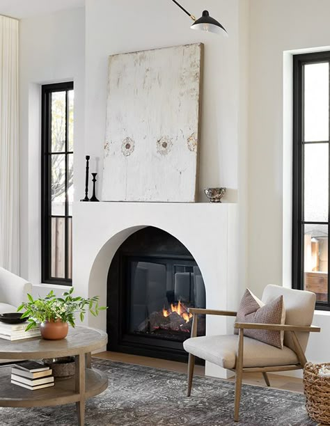 Fireplace Revamp Ideas, Spanish Style Electric Fireplace, Spanish Style Fireplaces, Modern French Fireplace, Fireplace With Arched Opening, Fireplace With Large Hearth, Arched Fireplace Ideas, Moss Fireplace, Arched Gas Fireplace