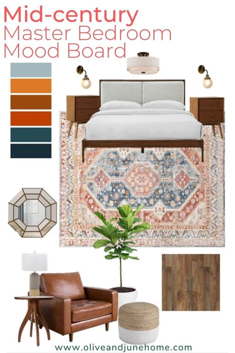 Boho Mid Century Modern Bedroom Ideas, Mid Century Modern Master Suite, Mid Century Modern Bedroom Mood Board, Feminine Mid Century Modern, Mid Century Modern Mood Board, Mcm Bedroom Ideas, Mid Century Eclectic Bedroom, Mid Century Modern Bedroom Colors, Boho Mid Century Modern Bedroom