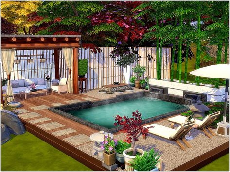 Sims 4 Hot Springs Cc, Sims 4 Zen Garden, Sims 4 Onsen Bathhouse, Sims 4 Porch Ideas, Sims 4 Garden Ideas Base Game, Sims Pool Ideas, The Sims 4 Pool Ideas, Sims 4 Jacuzzi, The Sims 4 Backyard Ideas