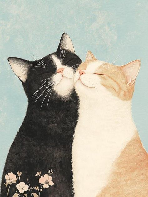 Adorable Cat Couple Canvas Print Inspired by Contemporary Art for Home Decor and Animal Lovers Digital Download by CustomCanvasCurators 🐾 Calling all cat lovers! Check out this charming artwork capturing the adorable bond between two feline friends. With its lifelike details and whimsical floral elements, it's the purr-fect addition to any wall art collection. Whether you're a cozy cat enthusiast or looking to add some joy to your space, this piece is guaranteed to spark joy and conversatio... Couple Cat Illustration, Cat Portraits Illustration, 2 Cats Illustration, Two Cats Illustration, Conversation Artwork, Cat Couple Painting, Two Cats Painting, 2 Cats Together, Connection Illustration