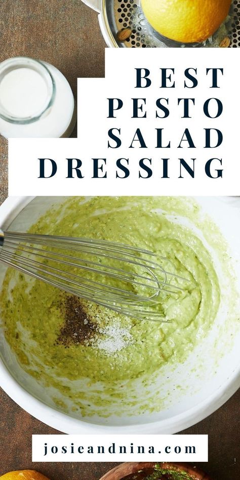 Learn how to make an amazing creamy pesto salad dressing using store bought pesto or homemade. Fresh, creamy and light, serve this dressing over pasta, with chicken, meat or shrimp. Perfect for a party or buffet. Best Pasta Salad Dressing, Pesto Dressing Salad, Creamy Pesto Salad Dressing, Pistachio Dressing, Pesto Salad Dressing, Creamy Pesto Dressing, Easy Dressing Recipe, Best Pesto, Simple Balsamic Vinaigrette