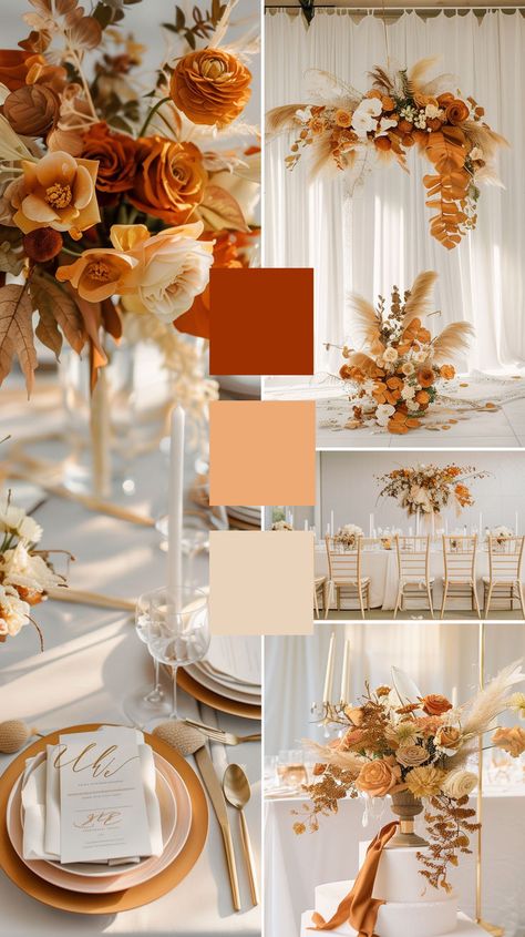 Embrace the essence of modern chic this fall with sleek lines, metallic accents, and minimalist elegance. Infuse your wedding with contemporary flair amidst the rich colors of autumn for a celebration that’s both sophisticated and timeless. Fall Wedding Themes, Fall Wedding Planning, Unique Fall Wedding, Orange Wedding Themes, Modern Wedding Theme, Deco Orange, Rusting Wedding, Wedding Color Scheme, Wedding Theme Ideas