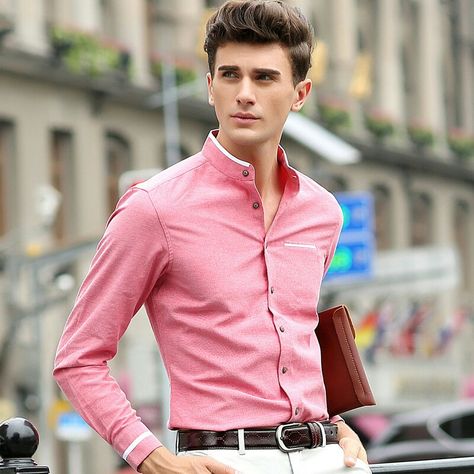 Pink men outfitss Grandad Collar Shirt, Casual Dress Shirt Men, Male Celebrity, Fashion Male, Pink Men, Cotton Clothing, Fashion Menswear, City Dress, Shirt Dress Casual