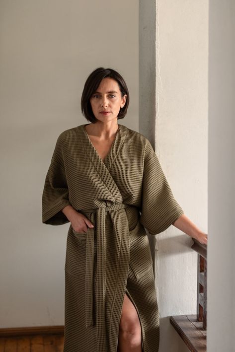 Cotton Waffle Robe for Women Warm Bathrobe Kimono Spa Robe - Etsy Ukraine Robe For Women, Matching Robes, Kimono Sleeves, Womens Robes, Waffle Weave, Kimono Sleeve, Moss Green, Cotton Towels, Tie Belt