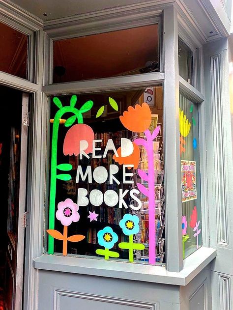 Class Window Display, Unique Book Display, Christian Book Store Ideas, Art Studio Window Display, Library Window Art, Book Store Display, Bookstore Window Displays, Colorful Bookstore, Classroom Window Ideas