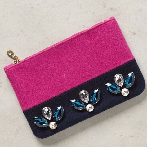 Anthropologie Gem Drop Zip Felt Jeweled Clutch bag Anthropologie Bags, Zipper Purse, Wristlets, Plastic Bag, Zipper Pouch, Pink Black, Spring Fashion, Pink Blue, Clutches