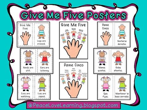 Give me Five Posters... include spanish version too! Class Community, Seuss Classroom, Job Chart, Bilingual Classroom, Give Me Five, Behaviour Management, Literacy Stations, Sensory Issues, Classroom Jobs