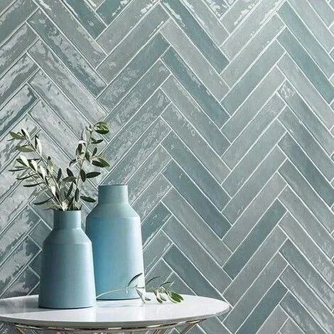 Chevron effet zellige bleu nuancé 5x25 cm PIASTRELLA ACQUA - 1.2m² Pastel Bathroom, Egyptian Furniture, Retro Apartment, Turquoise Bathroom, Kraft Paper Crafts, Chevron Tile, Bathroom Farmhouse Style, Chevron Wall, Happy New Home