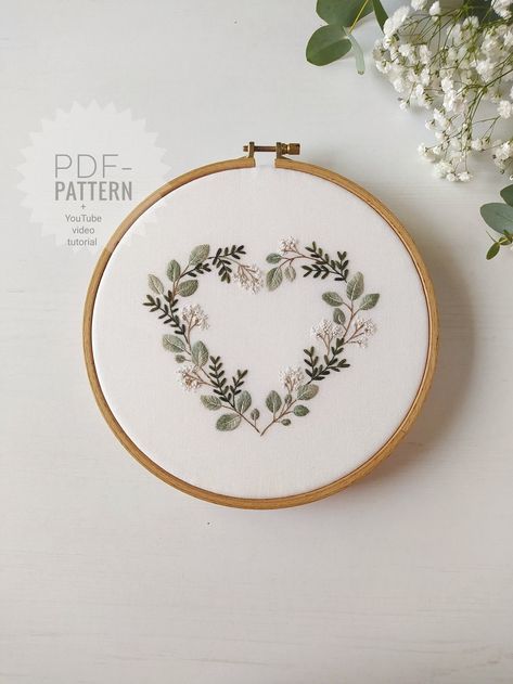 Green Heart Embroidery Pattern Pdf Video Tutorial, Floral Pattern, Botanical Embroidery Design, Digital Download, Mother's Day, Valentine's - Etsy Botanical Embroidery, Embroidery Hearts, Heart Embroidery, Embroidery Flowers Pattern, Green Heart, Dmc Floss, Flowers Pattern, Pdf Patterns, Embroidery Tutorials