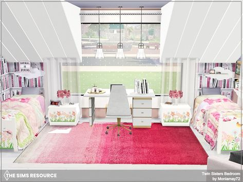 Moniamay72's Twin Sisters Bedroom Sims 4 Cc Twin Bedroom, Sims Twin Bedroom, The Sims 4 Twins Bedroom, Sims 4 Bedrooms, Sisters Bedroom, Twin Girl Bedrooms, Sister Bedroom, Twin Bedroom Sets, Summer Bedroom