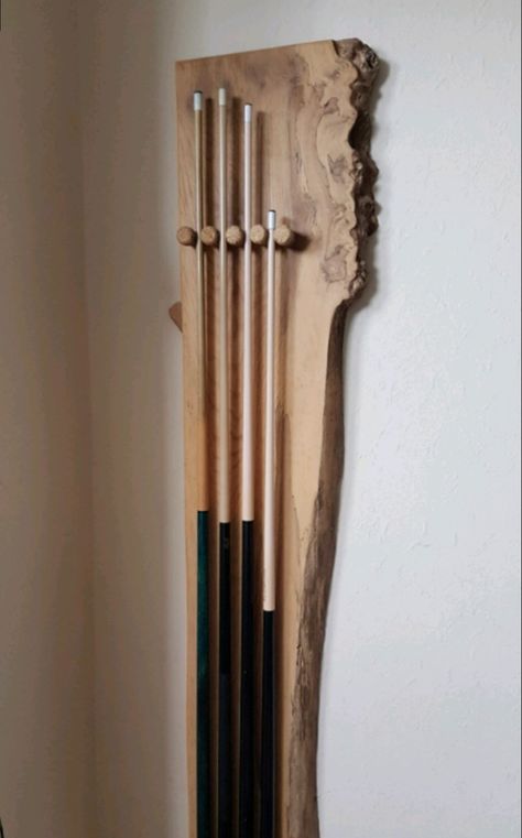 Pool Table Cue Holder, Pool Table Room Artwork, Rustic Pool Room Ideas, Pool Stick Storage, Cue Rack Ideas, Pool Cue Wall Rack, Billards Room Decor Rustic, Pool Stick Holder Ideas Wall Racks, Billard Room Decor Ideas