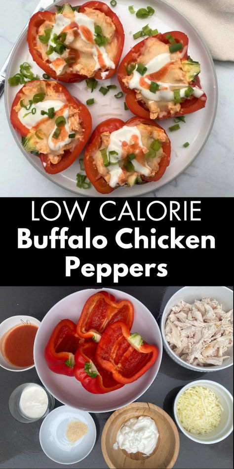 Image of buffalo chicken stuffed bell peppers along with a image of the ingredients. No Carb Lunch Ideas, Buffalo Chicken Peppers, No Carb Lunch, Low Calorie High Protein Meals, Buffalo Chicken Stuffed Peppers, Keto Buffalo Chicken, Microwave Meals, Chicken Peppers, Low Calorie Breakfast