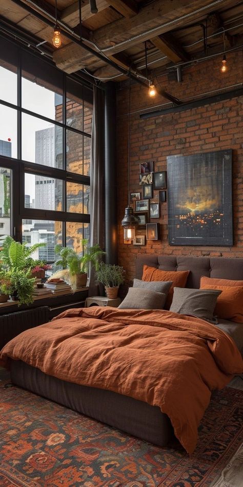 Rustic Bachelor Pad, Wood Feature Walls, Bachelor Pad Bedroom, Industrial Style Bedroom, Industrial Bedroom, Mens Bedroom, Feature Walls, Brick Walls, Bachelor Pad