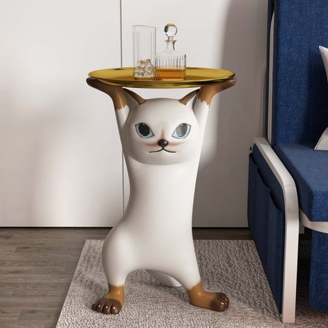 Modern Cat Side Table Floor Resin Figurine with Gold Tray End Table | Homary Cute End Tables, Comfort Vibes, Cat Side, Gold Tray, Living Room Tv Unit Designs, Metal Artwork Wall, Tv Unit Design, Living Room End Tables, Modern Cat