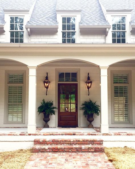 Front door and color scheme White Brick House Exterior, Maggie Griffin Design, Stone Siding Exterior, Griffin Design, Reclaimed Wood Ceiling, Front Porch Makeover, Porch Remodel, House Front Porch, Home Working