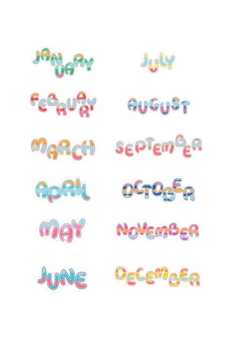 Months Lettering, Daycare Room Ideas, Blue Vibes, Scrapbook Letters, Month Signs, Daycare Room, Month Stickers, January To December, Digital Notebook