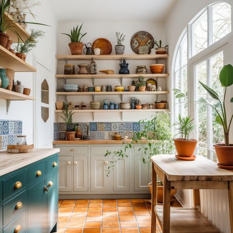 Mexican Farmhouse Decor, Mexican Farmhouse, Modern Boho Kitchen, Boho Kitchen Ideas, Sage Green Kitchen, Modern Mexican, Tiny House Kitchen, Boho Kitchen, Butcher Block Countertops