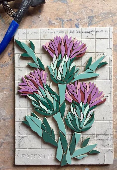 Work in progress - a special mosaic commission of thistles remembering a clients Scottish friend on what would have been her 40th birthday. Fx Scottish Thistle Mosaic, Cactus Mosaic, Mosaic Pots, Mosaic Garden Art, Mosaic Art Projects, Mosaic Madness, Mosaic Stained, Mosaic Tile Art, Floral Mosaic