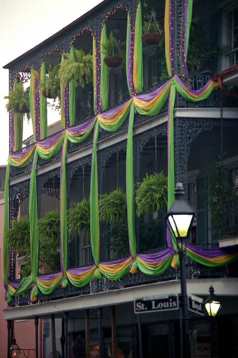 Mardi Gra Aesthetic, New Orleans Balloon Garland, Mardi Gras Balcony Decorations, Mardi Gras Window Display, Marti Gras Aesthetic, Mardi Gras Decorations Outdoor, Mardis Gras Decorations, Mardi Gras Homecoming Theme, Mardis Gras Party